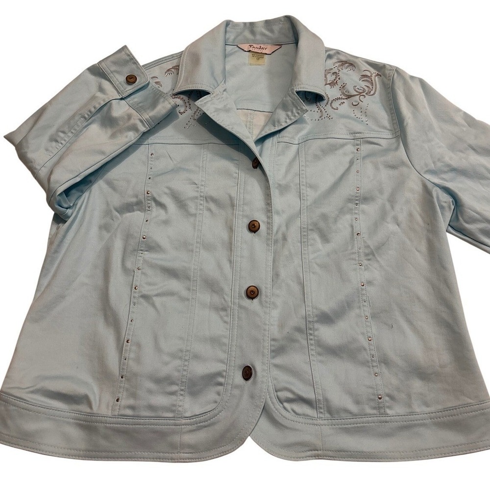 Tanjay Petites Light Blue Rhinestone‎ Embroidered Button Front Jacket 12P 12 - Picture 4 of 7